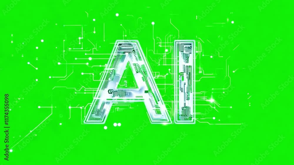 Poster ai revolution: futuristic 3d ai lettering with integrated circuit board design on green screen. perf
