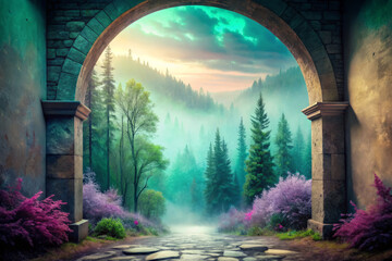serene pastel hued vista of weathered stone archway, surrounded by lush greenery and flowers