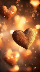 Obraz premium Glittering Golden Heart in Warm Bokeh Lights Romantic Valentine s Day