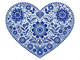 Scandinavian Folk Heart Design, Blue and White, Copy Space