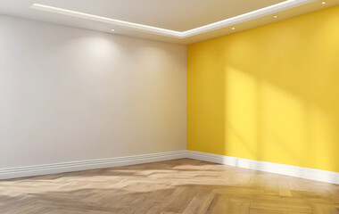 3D yellow room corner serves as an empty interior with a modern wall, floor, and art wallpaper, providing a versatile backdrop for home design