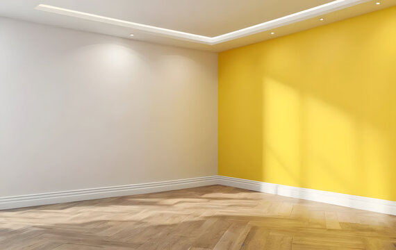 3D yellow room corner serves as an empty interior with a modern wall, floor, and art wallpaper, providing a versatile backdrop for home design