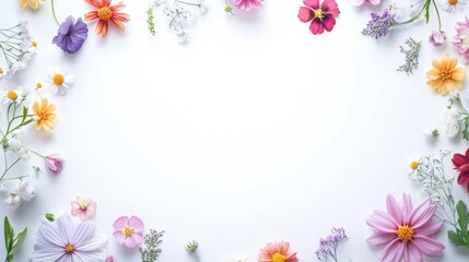 Fototapeta premium Frame with colorful flowers on clear white background. Greeting card design for holiday, Mother's day, Easter, Valentine day. Springtime composition with copy space. Flat lay, top view