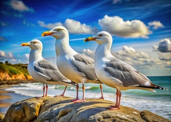 Fototapeta premium Seagulls Fashion Photography, Birds, Style, Coastal, Elegant, Sophisticated, Birds in Fashion, Seabird, Feathers, Coastal Style, Nature, Luxury, Birds of Prey, Art, Photography, AI Art, Seag