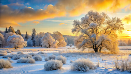 Naklejka premium serene winter landscape with snow covered trees and colorful sunset