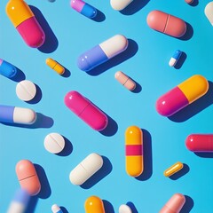 A colorful assortment of various pills and capsules scattered on a blue background.