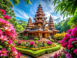 Obraz premium Serene Ancient Temple, Blooming Flowers, AI Photography