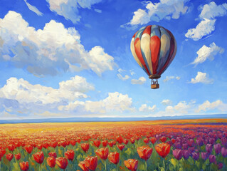 Fototapeta premium Dreamy hot air balloon over vibrant tulip field under blue sky