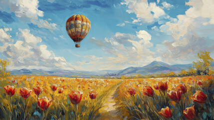 Obraz premium Colorful hot air balloon soaring over vibrant tulip field under bright sky