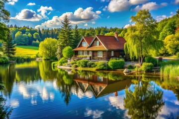 Obraz premium Serene Lakeside Home, Sunny Day, Lush Landscape