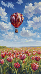 Joyful hot air balloon over vibrant tulip field under sunny sky