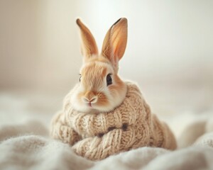 Cute bunny rabbit wearing a knitted sweater.