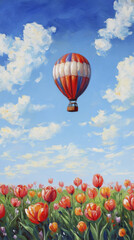 Naklejka premium vibrant hot air balloon floats above colorful tulip field under bright blue sky