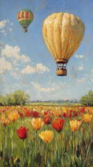 Obraz premium Hot air balloons float over vibrant tulip field under clear sky