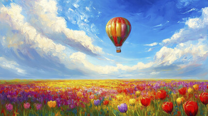 Obraz premium vibrant hot air balloon floats above colorful tulip field under bright sky
