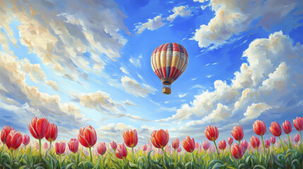 Obraz premium vibrant hot air balloon floats above field of red tulips under bright sky