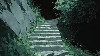 Stone steps, forest path, night, overgrown, mystery, game background