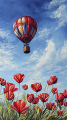 Obraz premium vibrant hot air balloon floats above field of red tulips under bright blue sky, creating serene and joyful scene