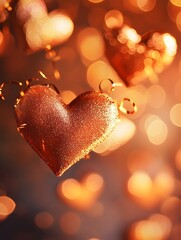 Fototapeta premium Glimmering Golden Heart Shaped Ornament in Warm Bokeh Backdrop for Romantic Valentine s Day
