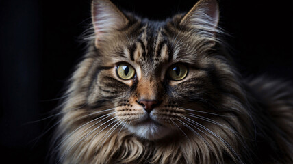 Obraz premium Beautiful Norwegian Forest Cat Pictured in Studio with Impressive Long Fur Against Black Background