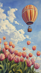 vibrant hot air balloon floats above blooming pink tulips under bright sky