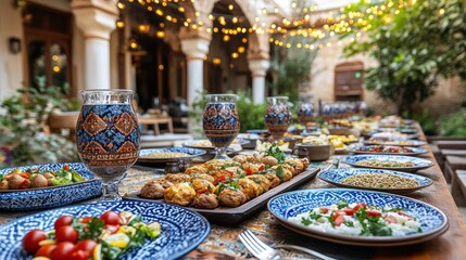 A beautifully arranged outdoor dining setting featuring a variety of dishes and drinks.