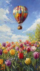 Naklejka premium Vibrant hot air balloon floating over colorful tulip field in bloom