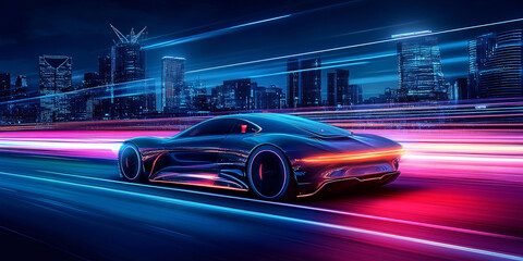 A sleek, futuristic sports car speeds through a vibrant city at night,