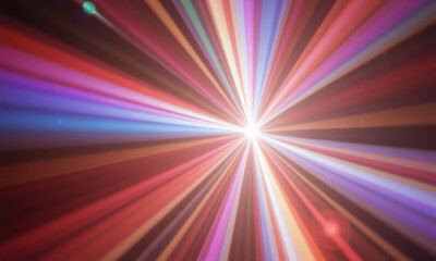 Vibrant prism light beams radiate outward, creating colorful explosion of hues. This dynamic display evokes sense of energy and movement, perfect for artistic backgrounds