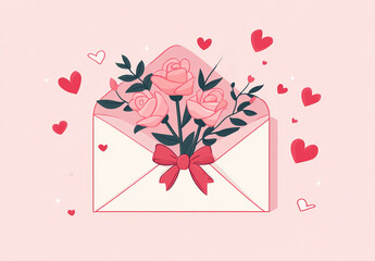 An envelope holding a love letter and roses with a red ribbon. The simple, charming design conveys warmth and affection, ideal for Valentine's Day.
