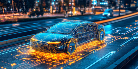 A futuristic electric car driving autonomously through a city at night,