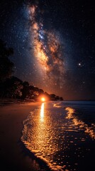Obraz premium Stunning sunset over ocean beach with Milky Way galaxy in night sky.