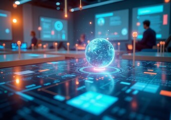 Stunning futuristic digital workspace featuring a glowing globe and data visuals