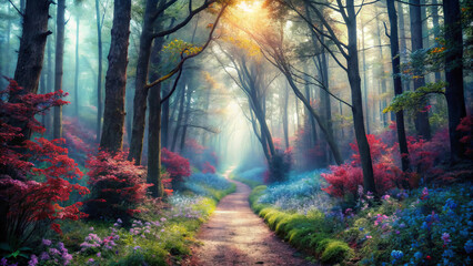 Fototapeta premium serene forest path surrounded by vibrant flowers and misty trees