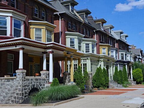 Typical row of older houses in the Squirrel Hill district of Philadelphia near the University of Pennsylvania, often used as student rooming houses