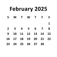 february 2025. monthly calendar or planner design. week starts on sunday. printable, editable, simple, and clean vector design isolated on white background.