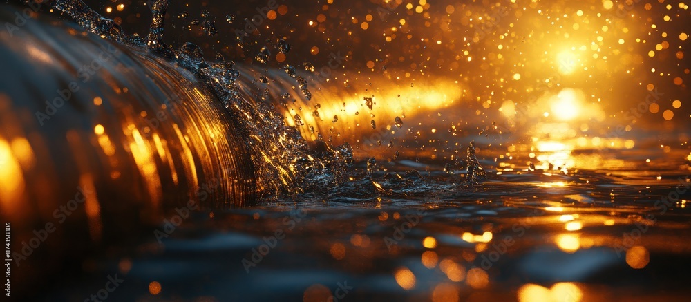 Poster water droplets splashing in a stream with a warm, golden light in the background, creating a beautif