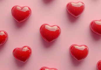 Fototapeta premium A seamless pattern of bold red hearts arranged on a soft pink background. The flat design and balanced composition create a playful and modern aesthetic, perfect for a variety of creative projects.