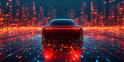 A sleek, futuristic car drives through a vibrant, neon-lit cityscape at night.