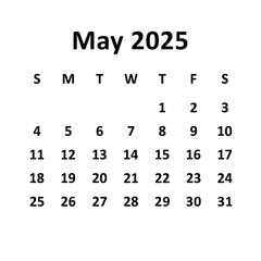 may 2025. monthly calendar or planner design. week starts on sunday. printable, editable, simple, and clean vector design isolated on white background.