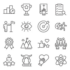 Core value set of web icons in line style. Core values icons for web and mobile app. Performance, innovation, goals, integrity, customer