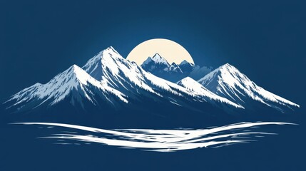 Snowy mountain range at night under a large moon.