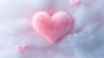 White Poster with Pink Heart-shaped Fog and Copy Space, Soft Lighting and Subtle Shadows, Pastel Color Simplicity for Valentine's Promotion, Ultrarealistic High-Resolution 75mm Photography.