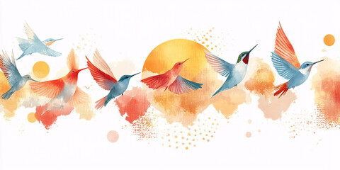 Watercolor painting of colorful hummingbirds in flight against a vibrant sunset backdrop.