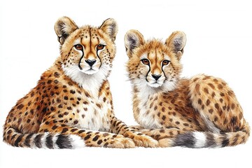 Fototapeta premium Two cheetahs, one adult and one juvenile, resting together with detailed fur patterns.