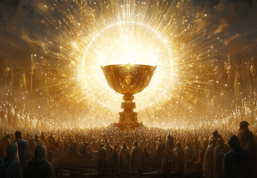 A golden chalice emits divine light, surrounded by glowing onlookers, creating a spiritual and majestic scene.