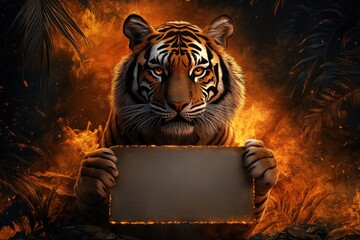 A tiger holding a blank piece of paper in front of a fire