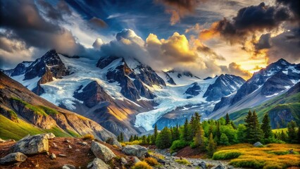 Snowy Mountain Top Bokeh, Majestic Highlands, Cloudy Sky