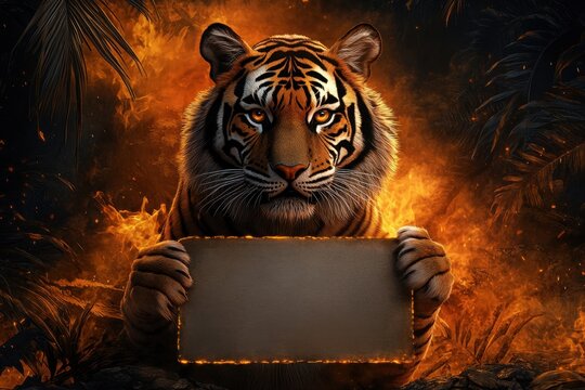 A tiger holding a blank piece of paper in front of a fire