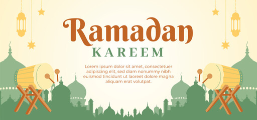 Ramadan Kareem Banner: An artistic illustration of a Ramadan Kareem banner featuring traditional symbols such as mosque silhouettes, crescent moons, lanterns, and drums.